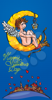 Postcard for Valentine`s Day with funny angel with bow and arrows on moon