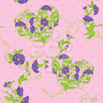 Seamless pattern - Convolvulus Flowers hearts on polka dot pink baskground