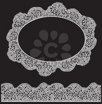 Lace oval frame and seamless stripe. Vintage white Doily isolated on black background