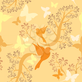 Light vanilla colors seamless pattern with hummingbirds, butterflies and trees