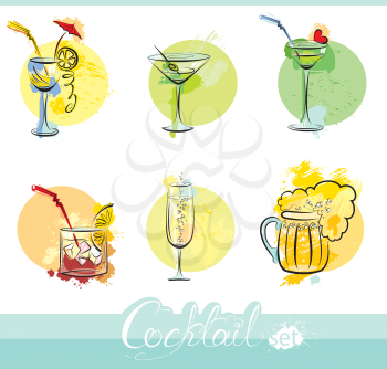Set of alkohol drinks images in grunge style. Calligraphy elements for cafe or restaurant design.
