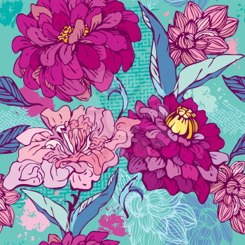 Floral Seamless Pattern with hand drawn flowers -  chrysanthemum and peony. 