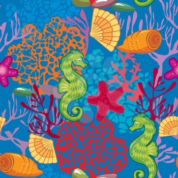 Seamless nautical pattern on blue background with sea horses, fishes, sea stars,  shells, coral reef.  Ready to use as swatch.