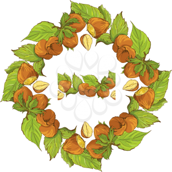 Circle ornament with highly detailed hand drawn hazelnuts isolated on white background. Pattern endless fragment. 