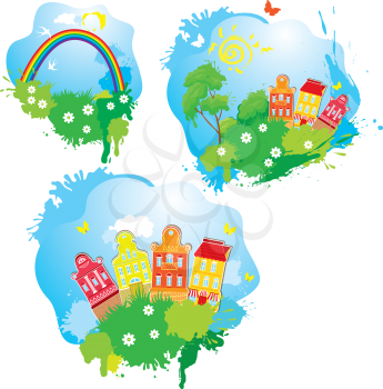 Set of Cartoons fairytale drawing images - houses, trees, rainbow isolated on white background. Summer time.