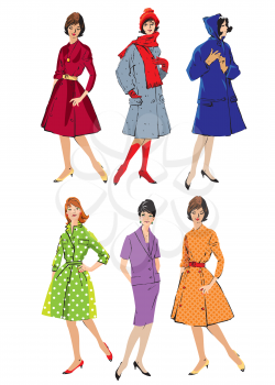 Set of elegant women - retro style fashion models - spring or fall seasons. Color image.
