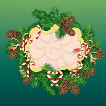Christmas and New Year background - fir tree branches, pine cones and xmas sweets - oval frame.