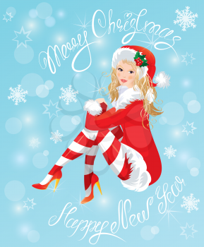 Blond Pin Up Christmas Girl wearing Santa Claus suit and stockings on blue background with snowflakes. Handwritten text Merry Christmas and happy New Year.