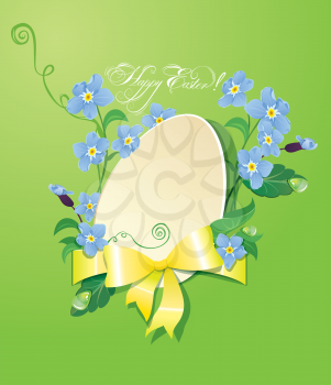 Easter greeting card with paper egg, ribbon and forget me not spring flowers