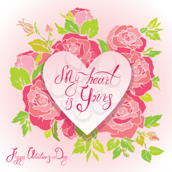 Floral card with heart frame on pink roses flowers background and calligraphic hand drawn text Happy Valentines day, for greeting cards, Wedding invitations, posters, prints.