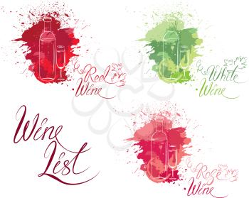 Set of elements in grunge style with bottle and glass, isolated on white background. Handdrawn text Wine list, Family Winery. Design for restaurant, bar, cafe menu or label.