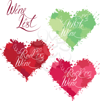 Set of elements in grunge style with hearts shapes made of color drops, isolated on white background. Handdrawn text Wine list, Red, Rose, White wine. Design for restaurant, bar, cafe menu or label.