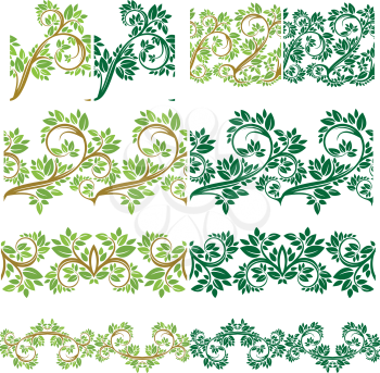Set of Floral seamless detailed ornaments, borders, frames with olive tree leaves and curled branches isolated on white background.