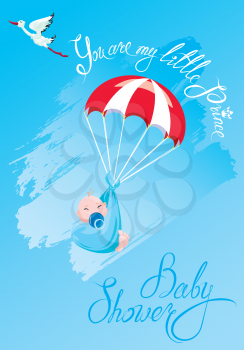 Baby shower, card, invitation. Stork, parachute with boy, calligraphic text You are my little prince.