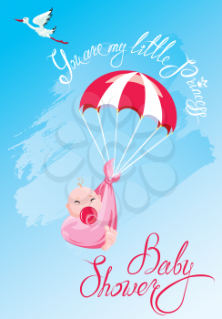 Baby shower, card, invitation. Stork, parachute with girl, calligraphic text You are my little princess.