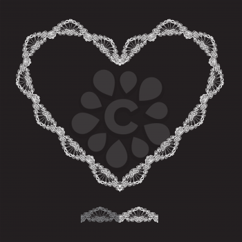 White Heart shape is made of lace doily isolated on black background. Frame element for Holiday Card, Valentines Day, Wedding invitation.