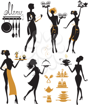 Set of girl silhouettes, waitress with tray, isolated on white background. Woman work. Element for cafe, restaurant, bar menu design. 