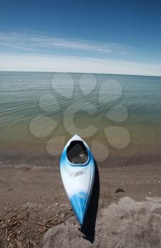 Kayak at waters edge on Lake Winnipeg