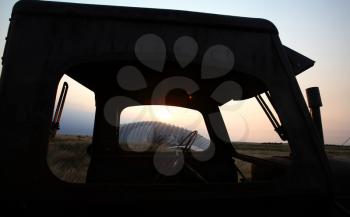 Abandoned tractor cab in scenic Saskatchewan