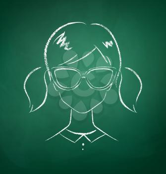 Female avatar drawn on green chalkboard. Vector illustration.