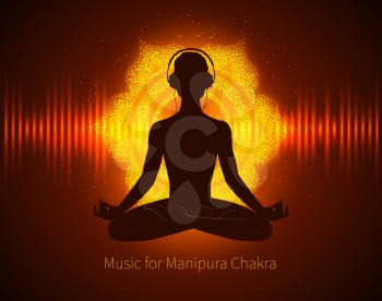 Man silhouette meditating, listening music  with headphones on background with glowing Manipura chakra sign and equalizer.