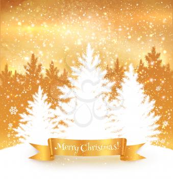 Christmas trees gold color background with falling snow, ribbon banner and spruce forest silhouette.