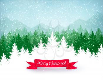 Christmas landscape background with falling snow, green spruce forest silhouette, mountains, and red ribbon banner. 