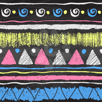 Hand drawn grunge ethnic color chalk seamless pattern with triangles, spirals, dots and stripes on black chalkboard background.