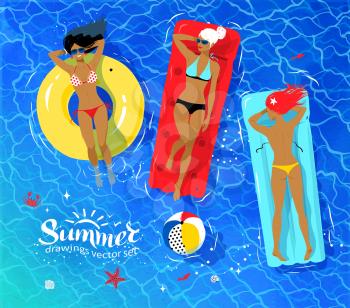 Vector top view illustration of three young women floating on pool raft and rubber ring on sea water.