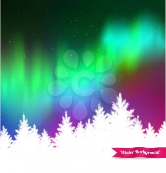 Winter landscape background with northern lights and white spruce forest silhouette. 