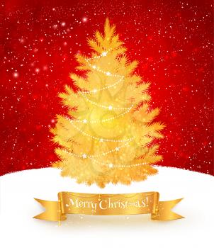 Vector illustration of Christmas postcard in red and gold colors with fir tree and ribbon banner. 