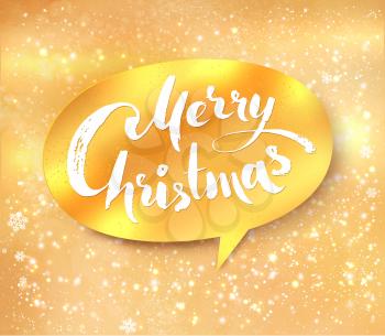 Vector illustration of gold speech bubble banner with Merry Christmas hand written lettering on grunge background with light sparkles.