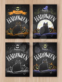 Vector collection of Halloween color chalked postcards designs with cat, moon and pumpkins on wooden background.