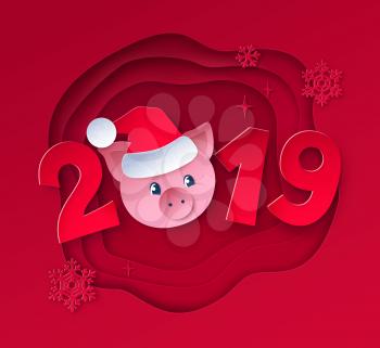Vector cut paper art style red colored illustration of 2019 numbers lettering with cute piggy face in Santa hat on red layered shapes background.