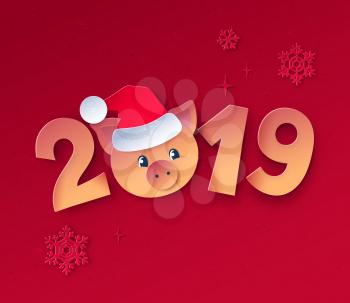 Vector paper cut art style illustration of 2019 numbers lettering with cute piggy face in Santa hat in yellow and red colors.