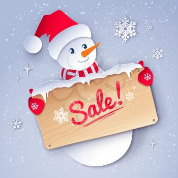 Vector paper cut style illustration of cute Snowman character with sale wooden signboard on snowfall background.