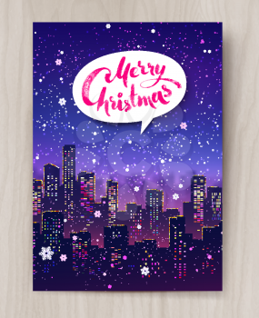 Night cityscape Christmas postcard design with falling snow, and lights on wood background.