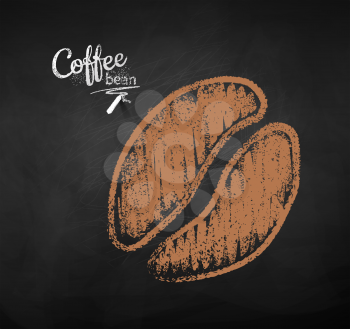 Vector chalk drawn sketch of one coffee bean silhouette on chalkboard background.