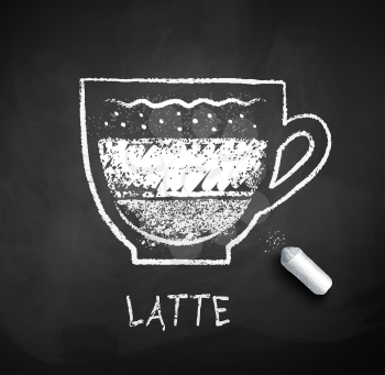 Vector black and white sketch of Latte coffee on chalkboard background with piece of chalk.