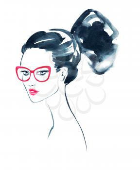 Watercolor fashion illustration of young woman wearing glasses with modern hairstyle.