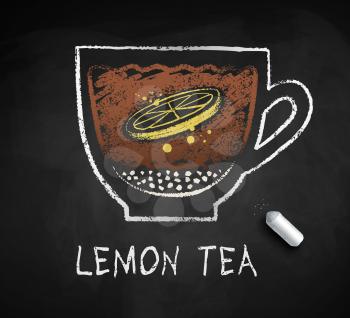 Vector sketch of Lemon Tea with piece of chalk on blackboard background.