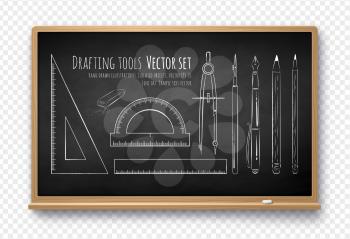 Vector illustration of drafting tools on chalkboard with shadow isolated on transparency background.