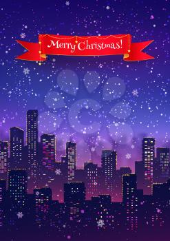 Night cityscape Christmas postcard design with falling snow, and lights.