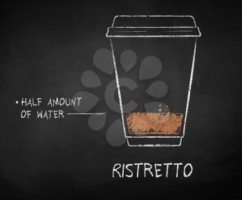 Vector chalk drawn sketch of Ristretto coffee recipe in disposable cup takeaway on chalkboard background.