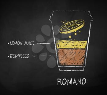 Vector chalk drawn sketch of Romano coffee recipe in disposable cup takeaway on chalkboard background.