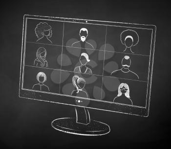 Vector black and white chalk drawn illustration of desktop monitor with live conference on black chalkboard background.
