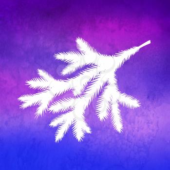 Vector illustration white silhouette of fir tree branch on neon purple colored background with watercolor texture.