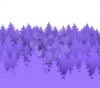 Vector illustration of spruce forest landscape silhouette in white and purple colors.