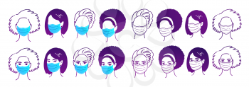 Vector  illustrations set of female multiethnic portraits wearing protection medical masks isolated on white background. Coronavirus quarantine set.