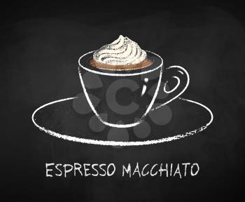Espresso macchiato coffee cup isolated on black chalkboard background. Vector chalk drawn sideview grunge illustration.